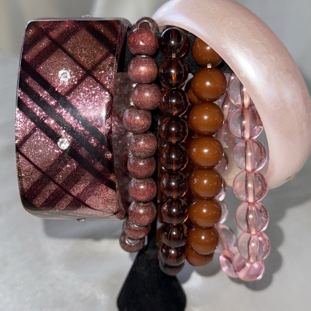 6-Pc Pink & Brown Glitter Plaid & Pearlized Bangles & 4 Stretch Bracelets Preppy